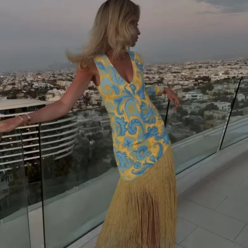 فساتين نسائية جديدة مثيرة بشراشيب كاميس بدون أكمام بطبعة زهور مفتوحة الجانب مع سحاب فستان أنيق أنيق لحفلات النساء في الصيف #5