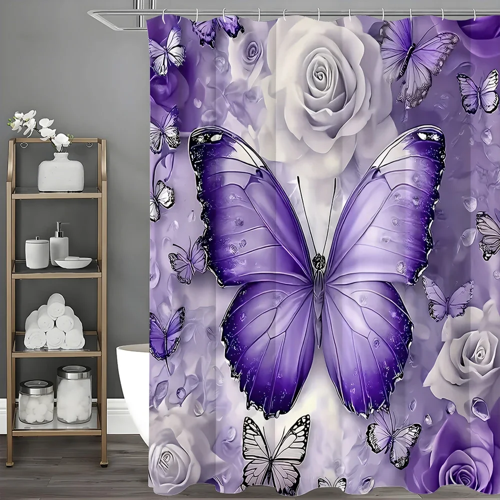 

Фиолетовая занавеска для душа с цветочным принтом и бабочкой, декоративная занавеска для душа в ванной комнате, водонепроницаемая занавеска для душа с крючками