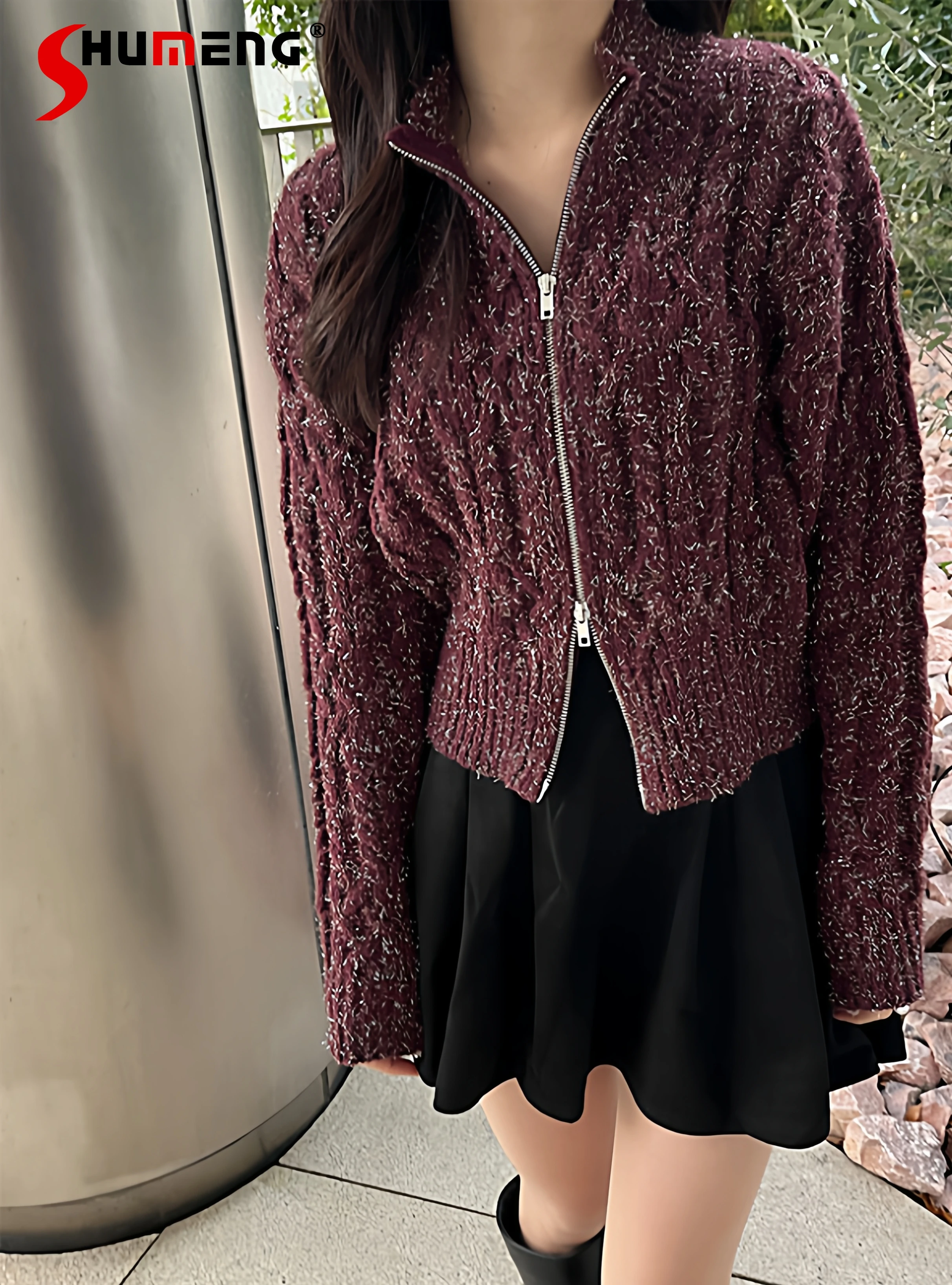 

Japanese Style Elegant Sweet Double Zipper Stand Collar Long Sleeve Slim Versatile Casual Knitted Short Cardigan Women Autumn