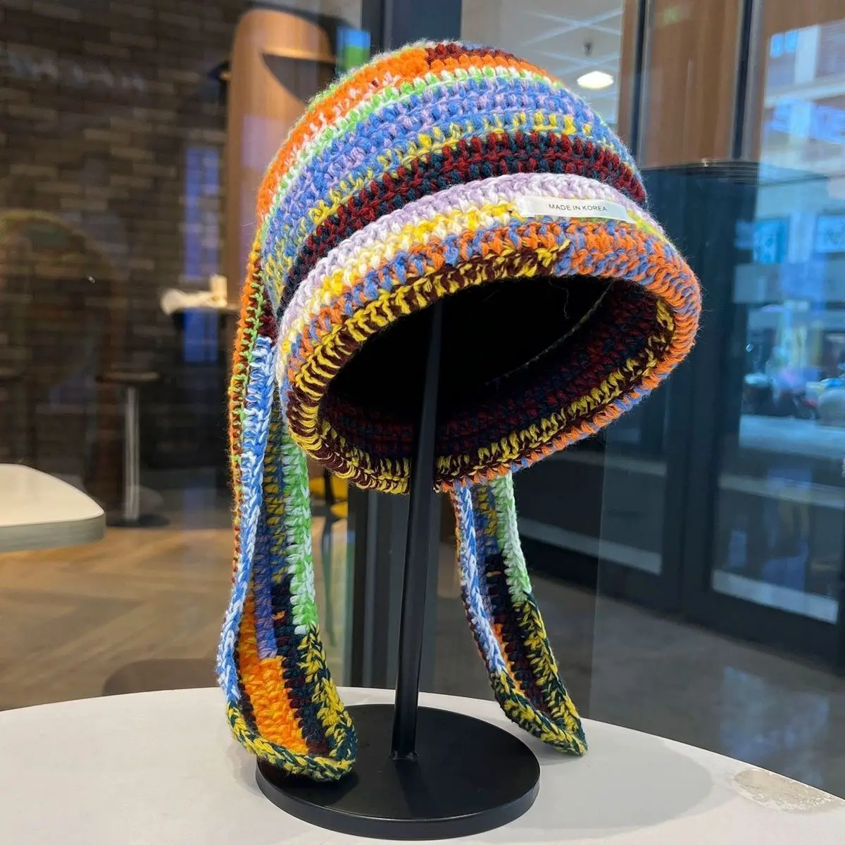 Handmade Dopamine Colorful Striped Beanie - Women's Winter Warm Knitted Hat with Cute Tie Strings, Versatile Princess Cap