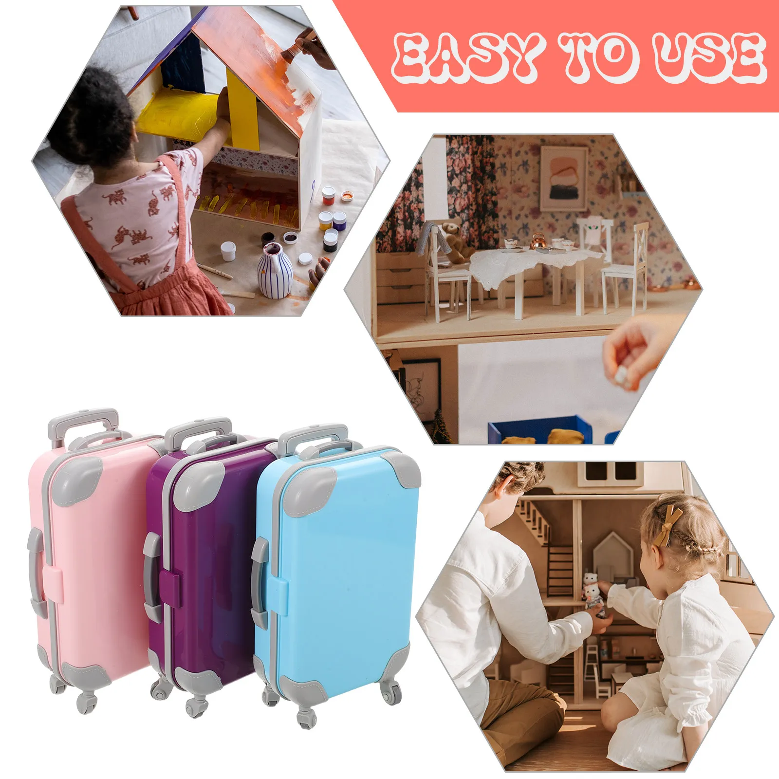 3Pcs Mini Plastic Suitcase Box with Wheels for 18 Inch Girl Tiny Realistic Luggage Set Fine Motor Skill Development