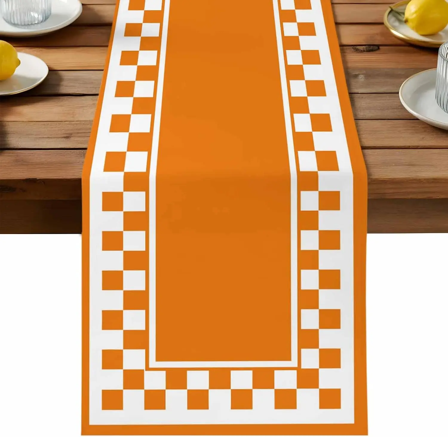 Fall Orange Plaid Check Linen Table Runner Home Party Decor Autumn Harvest Kitchen Dining Table Runners Thanksgiving Decorations