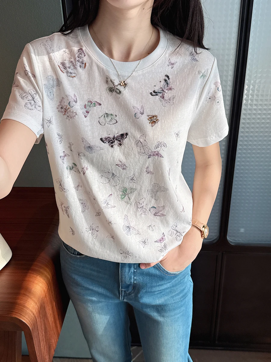 

Miss D 26 Spring Summer Watercolor Bead Print Soft Thin ort Sve T-irt Casual Sle Stand Fit Cotton Polye...