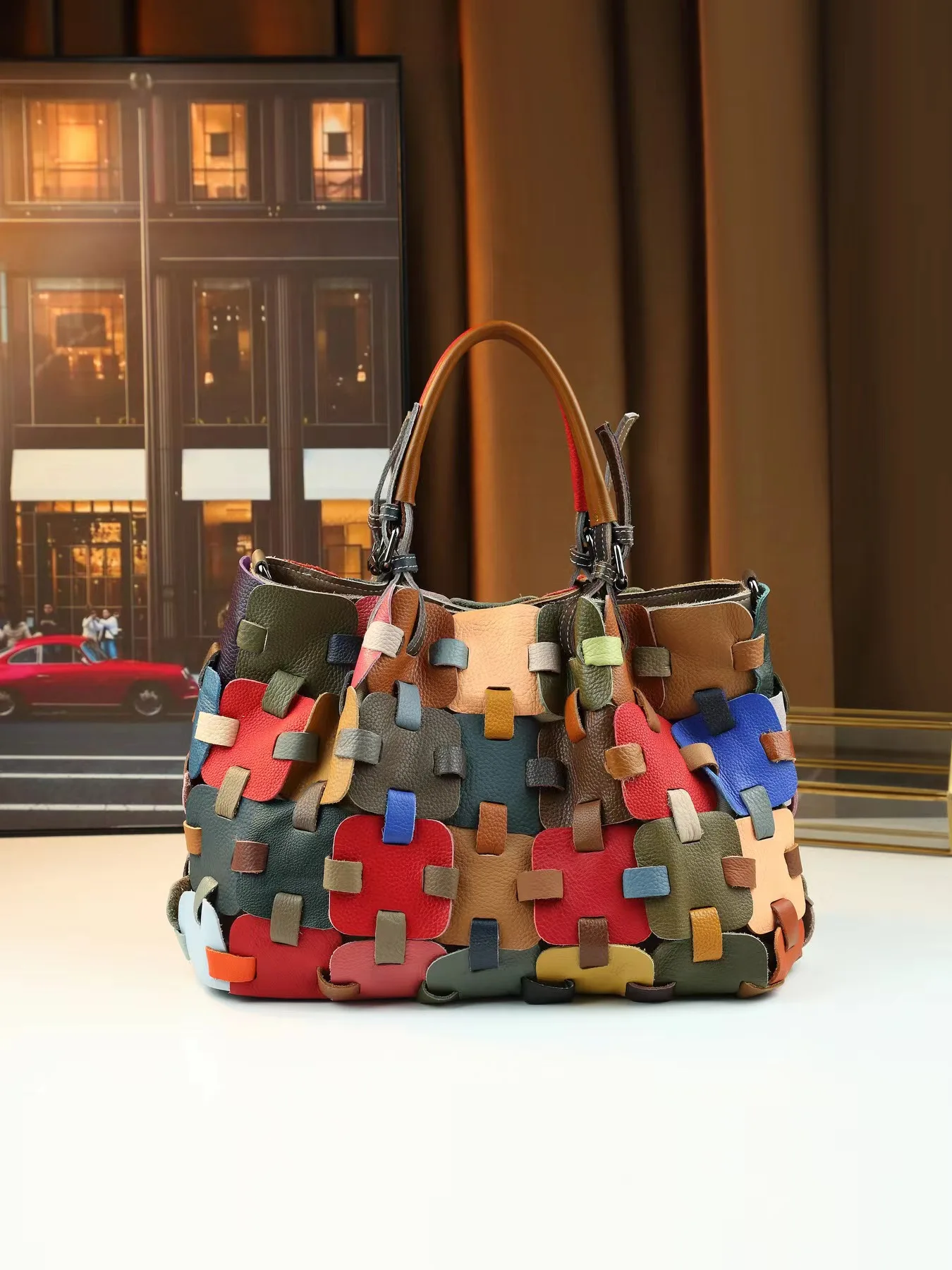 2026 New High-End Woven Cowhide Patchwork Large Capacity Handbag Colorful Fashionable Women's Single Shoulder Crossbody Bags