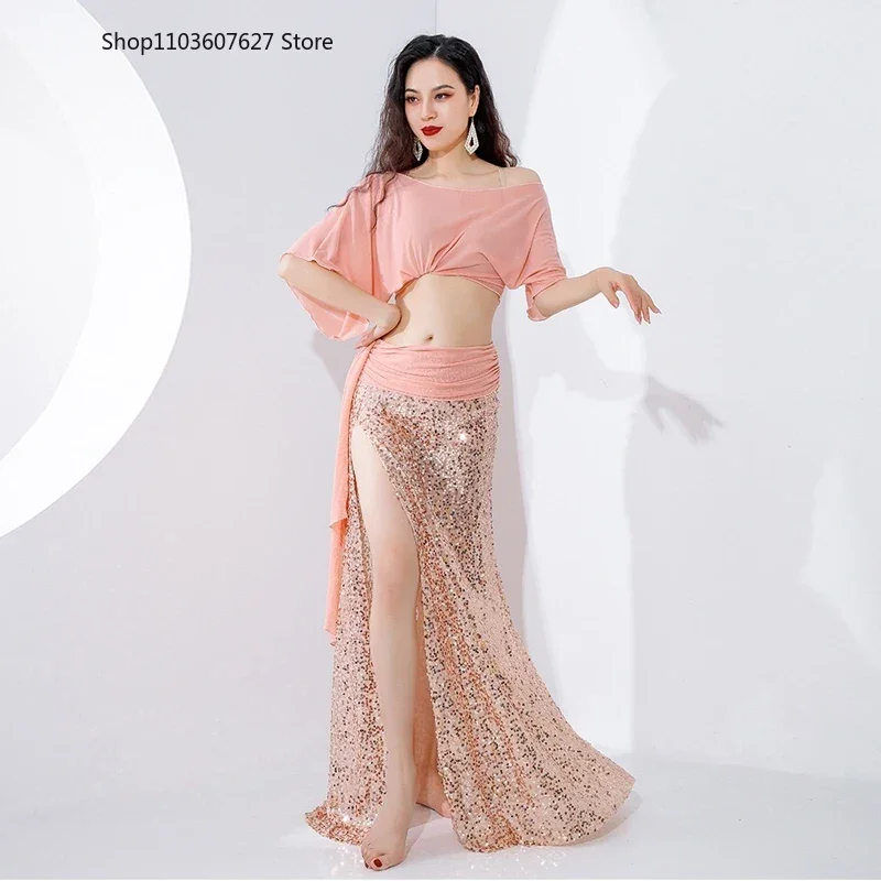 Traje de práctica de danza del vientre para mujer, Top de manga corta de hilo, falda de lentejuelas de sirena, ropa de ejercicio de danza Oriental