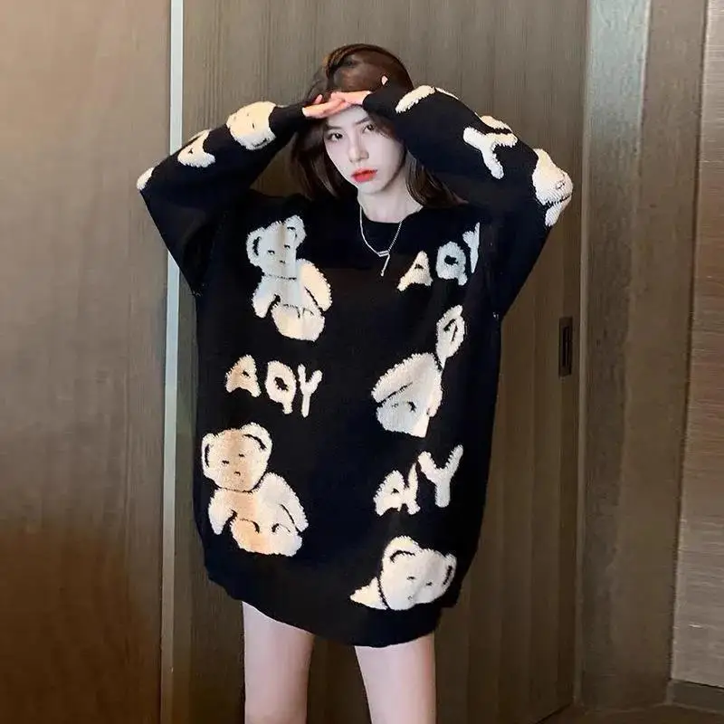 Lazy Style Sweater Plus Size Sweater Plus Size Women's Clothing Korean Style Teddy Bear Medium to Long Style