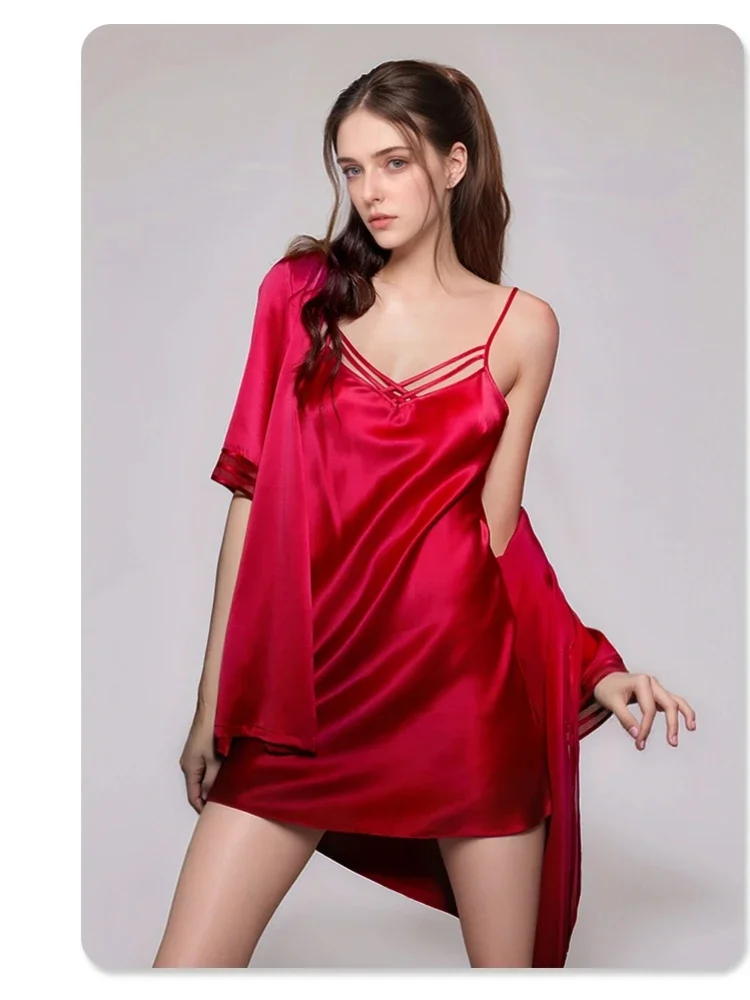 19 مللي متر 100% التوت حبل من الحرير ثوب كيمونو 2 قطعة مجموعة مثير ملابس خاصة الدانتيل يصل المرأة البشكير حبال فستان النوم الملابس الداخلية ملابس خاصة PJS #6