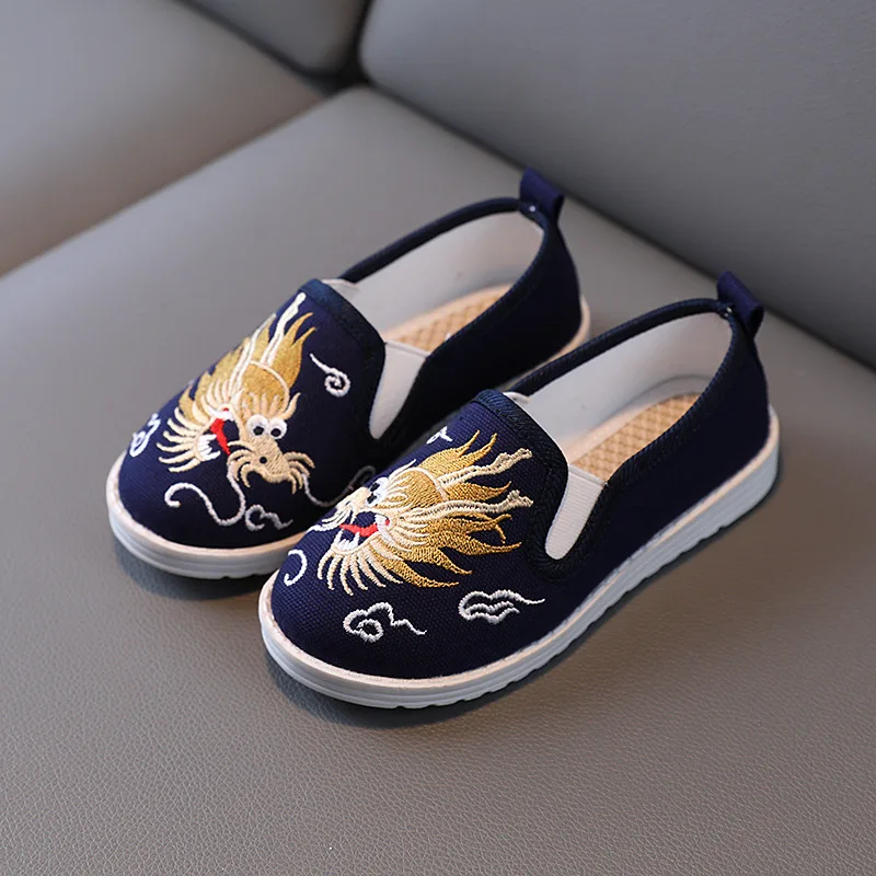 Dragon Embroidered Boys Shoes Chinese Style Cotton Cloth Shoes for Boy Comfortable Kids Flat Shoes Ancient Perform Dress Shoes