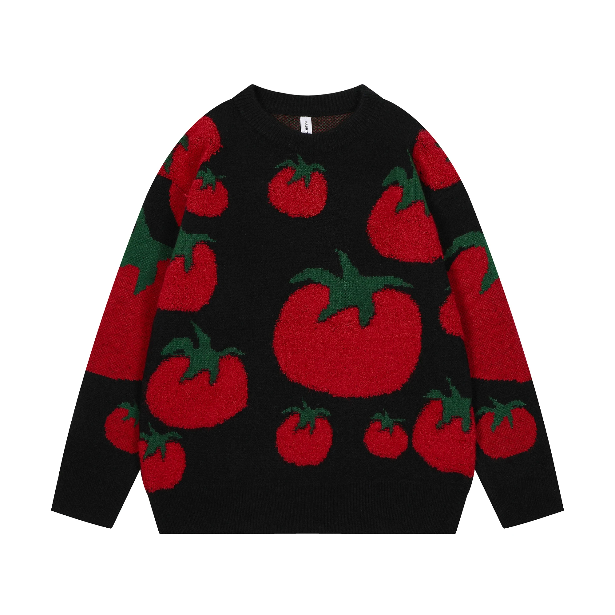 Japanese Fashion Knitwears Y2k Autumn and Winter Tomato Embroidery Knitted Sweater Men's Women's Round Neck Cartoon Jumpers