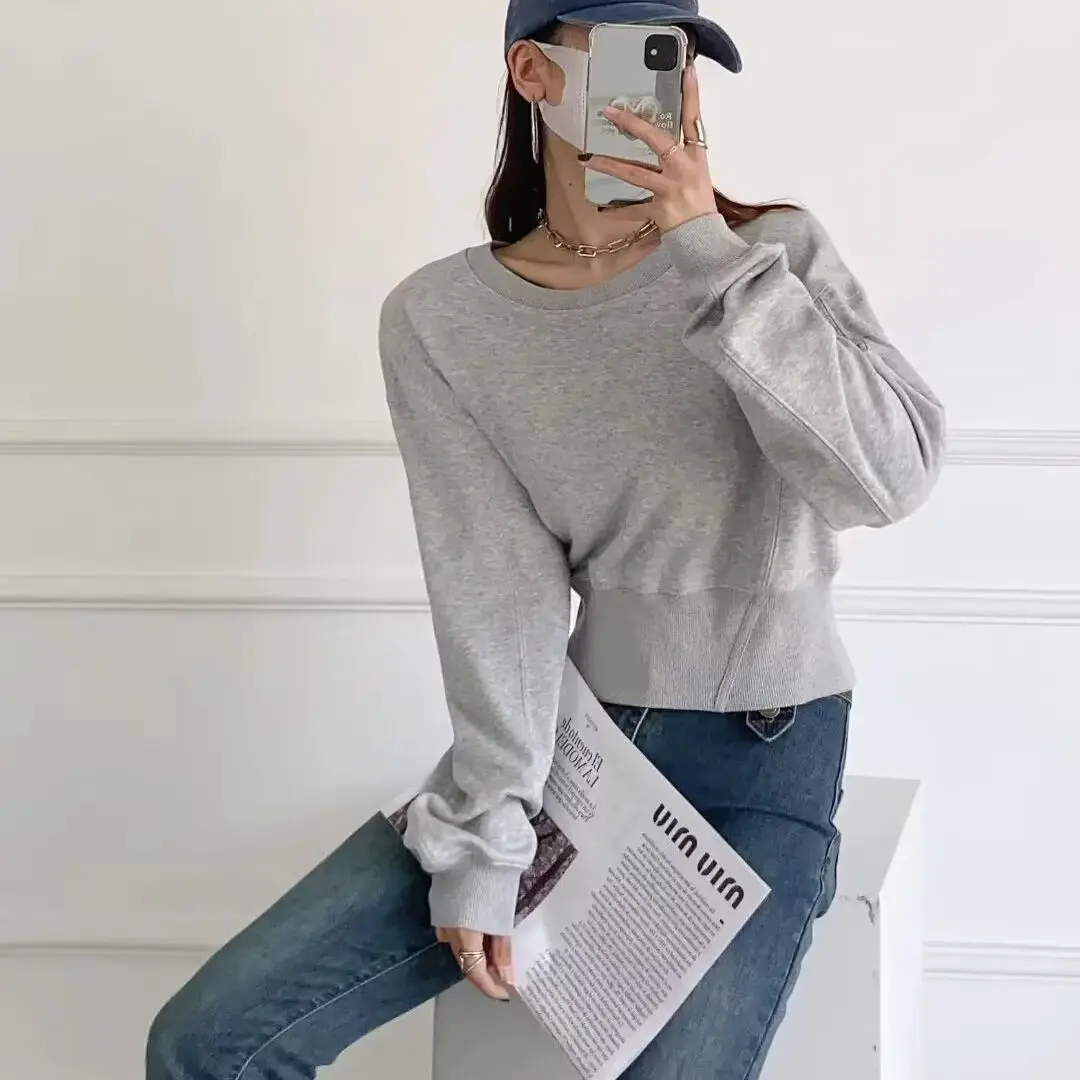 American Retro High Waist ort round Ne Pullover Sweatirt Women Spring Autumn Versatile Waist Inward Loose Slimming Top ...