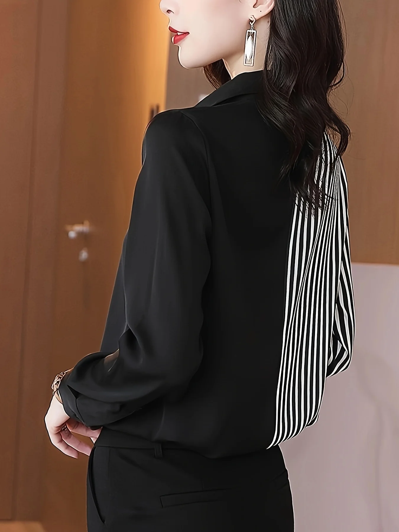 Shirt long sleeved spring new Korean striped color blocked shirt fashionable loose women's top