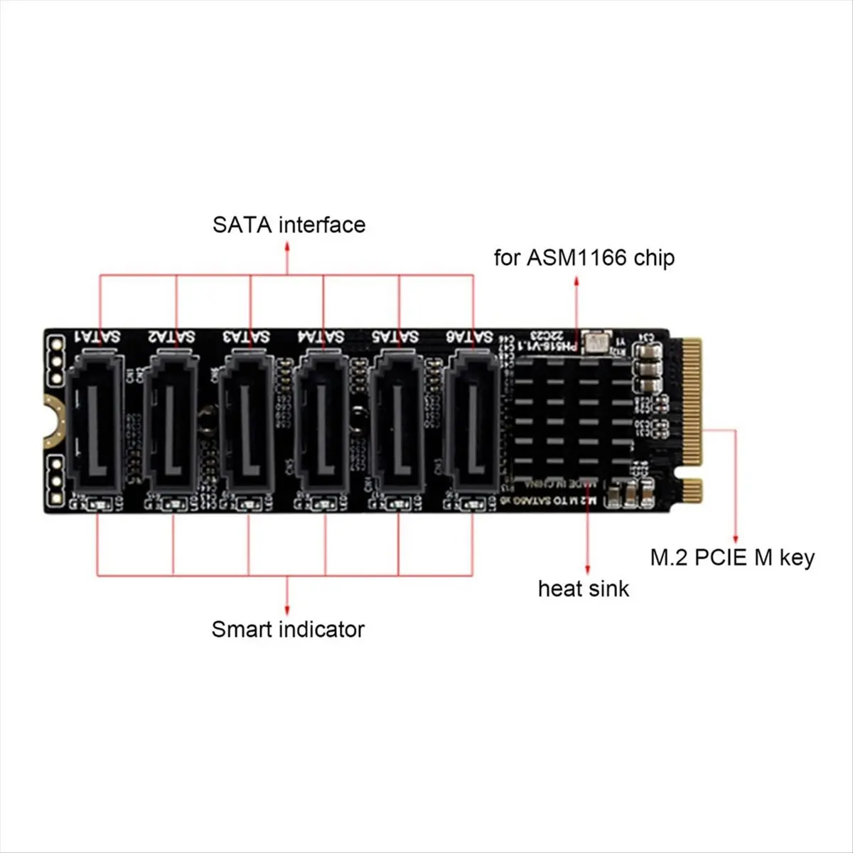 High-quality PC accessories in Stock M.2 to SATA3.0 Adapter Card, ASM1166 M.2 PCIE to SATA Expansion Card