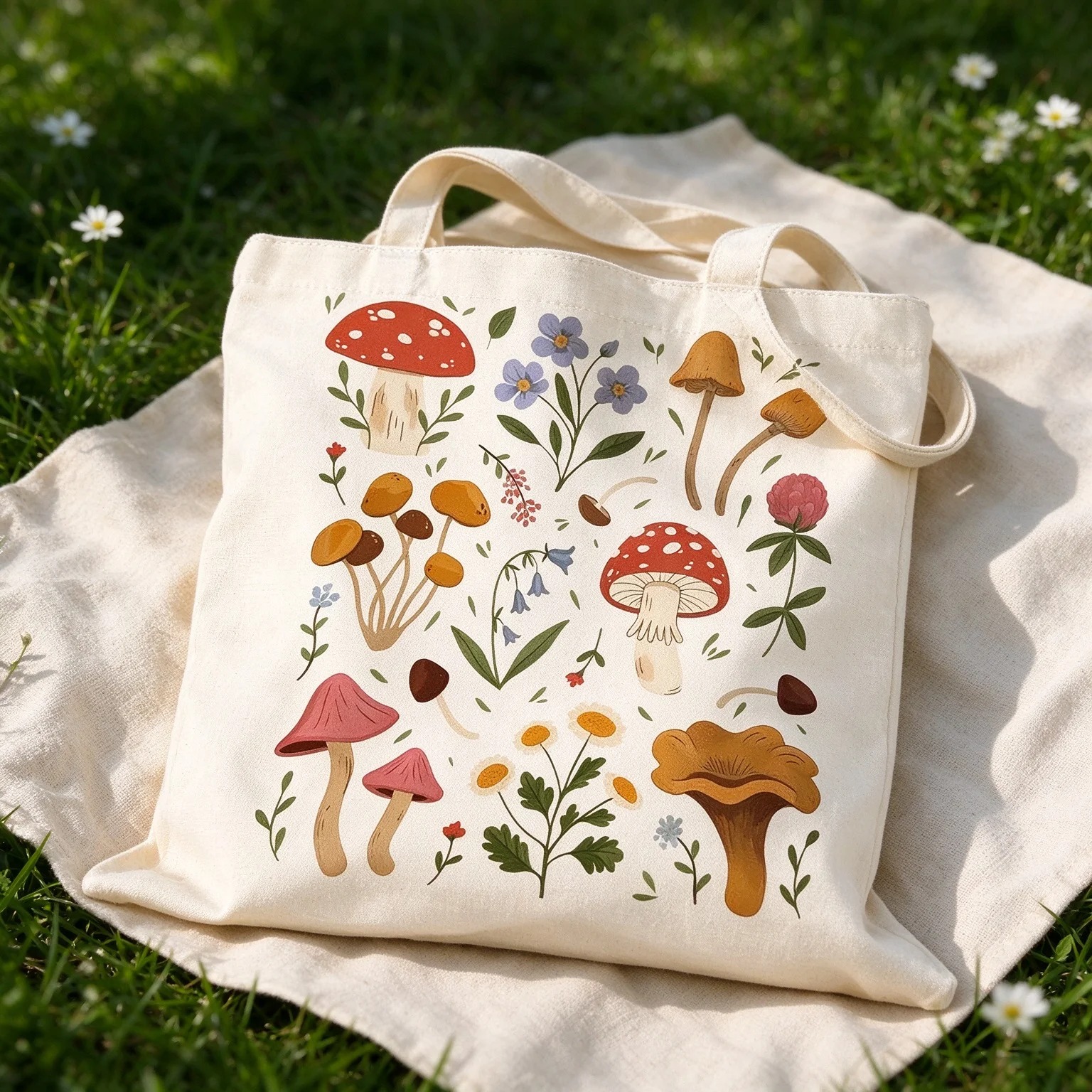 Canvas Shoulder Tote Bag Retro Botanical Mushroom and Wildflower Graphic Bag for Daily School Outdoor Use