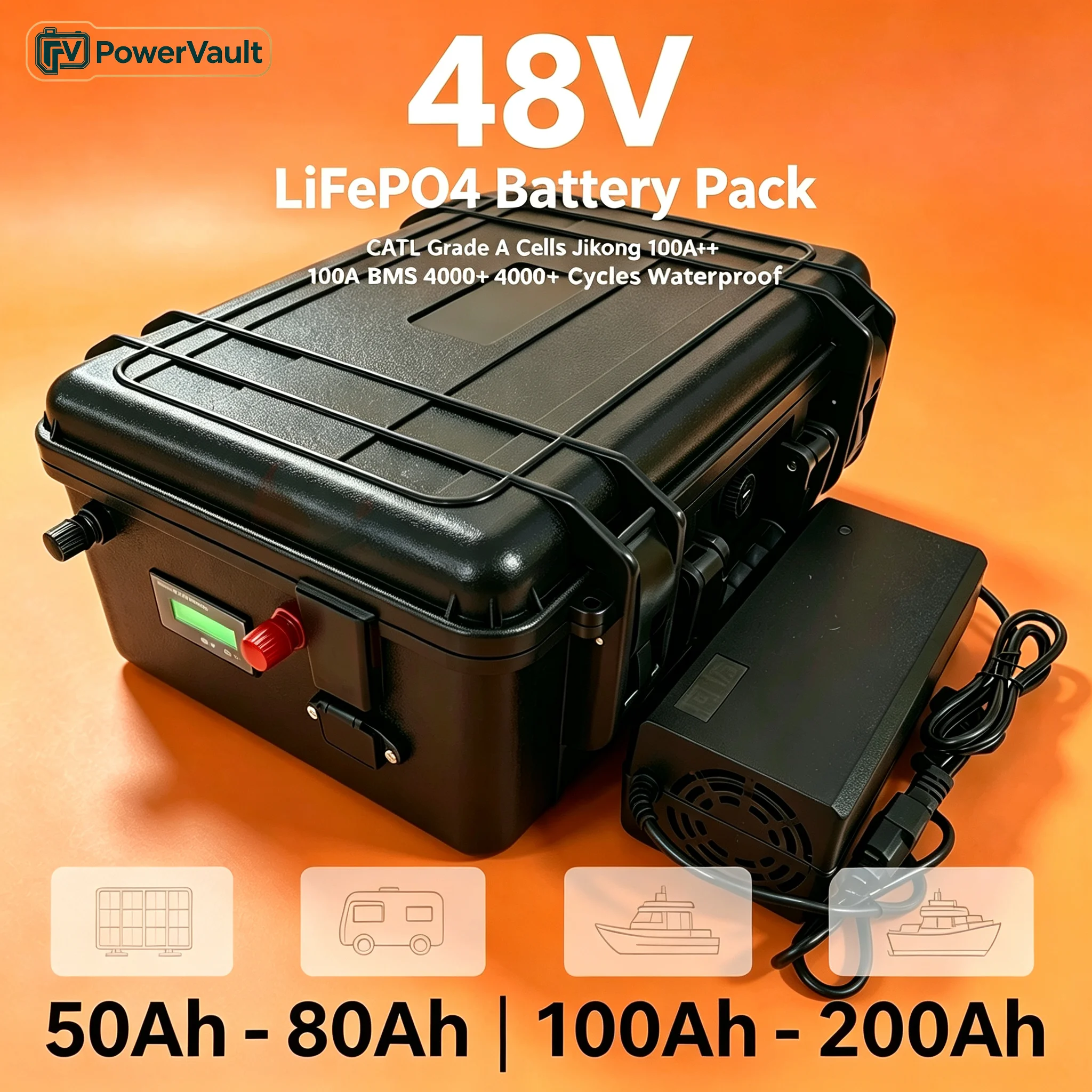 48V 50Ah-200Ah LiFePO4 Battery Pack CATL Grade A Cells Jikong 100A BMS 4000+ Cycles Waterproof for Solar RV Marine Boat GEM Cars