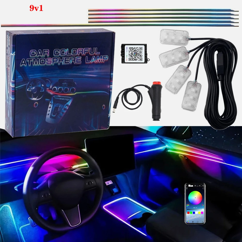 Car RGB Ambient Light 1-to-9 APP Control Hidden Acrylic Decorative Strip 12V/USB 1-to-6 Interior Light 5V Music Transformation.