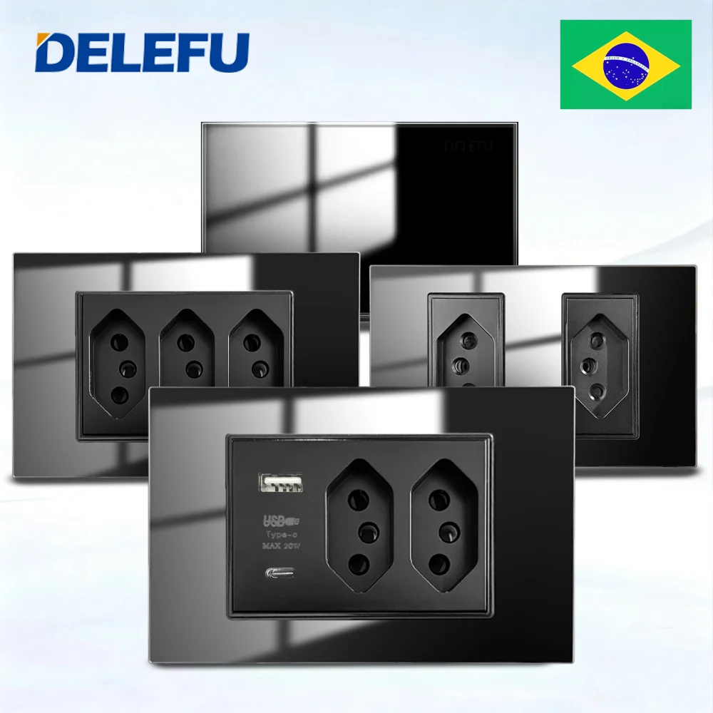 DELEFU Black Tempered Glass Full-paddle Triple Brazil USB TypeC Fast Charging Wall Socket Switch Integrated Module CAT6 10A 20A