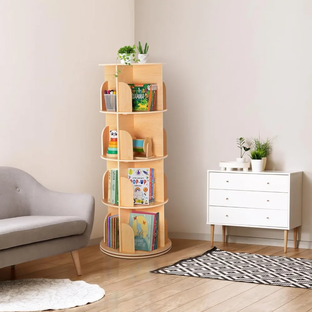 Rotating Bookshelf for Kids & Adults, Spinning Bookshelf Tower with Large Capacity for Small Space, 360° Display 4 Tier