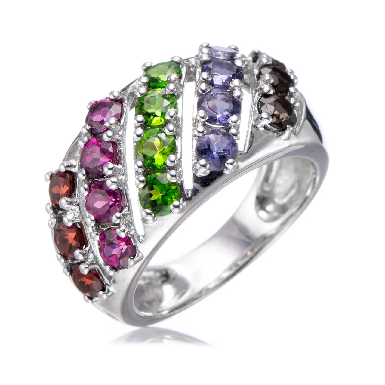 Garnet,Rhodolite,Chrome diopside,Iolite,Smoky Quartz Rhodium Over Sterling Silver Ring