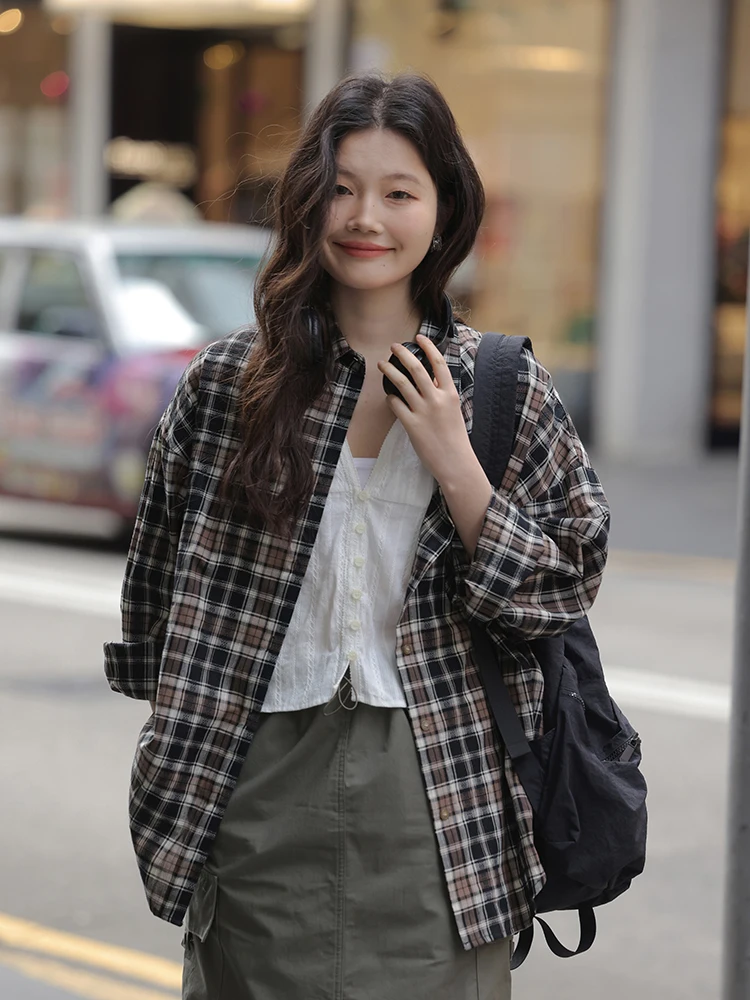 

Ретро-рубашка-жакет в клетку с длинным рукавом для женщин, новая весенняя модель, свободный крой, стильный дизайн, функция сохранения тепла, в китайском стиле