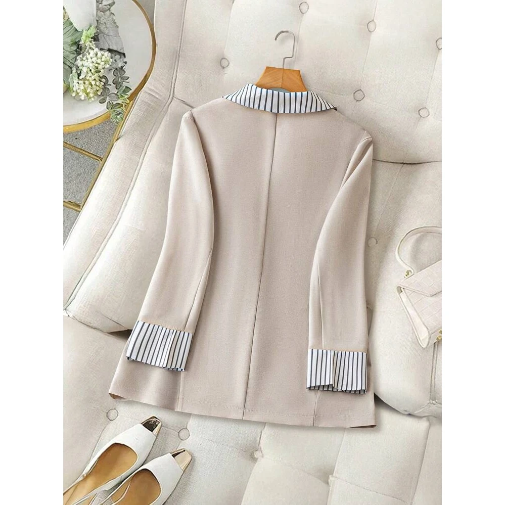 British Style Loose Fit Women's Suit Jacket Color Block Collarless Long Sleeve Elegant Fashion Outerwear for Ladies