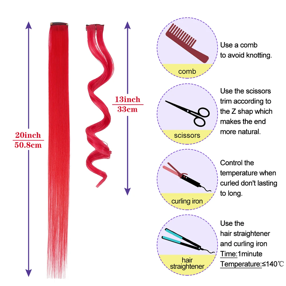 Épingles à cheveux synthétiques pour filles, 10 mèches de cheveux, extension de cheveux longs et raides, pince à cheveux colorée, cheveux