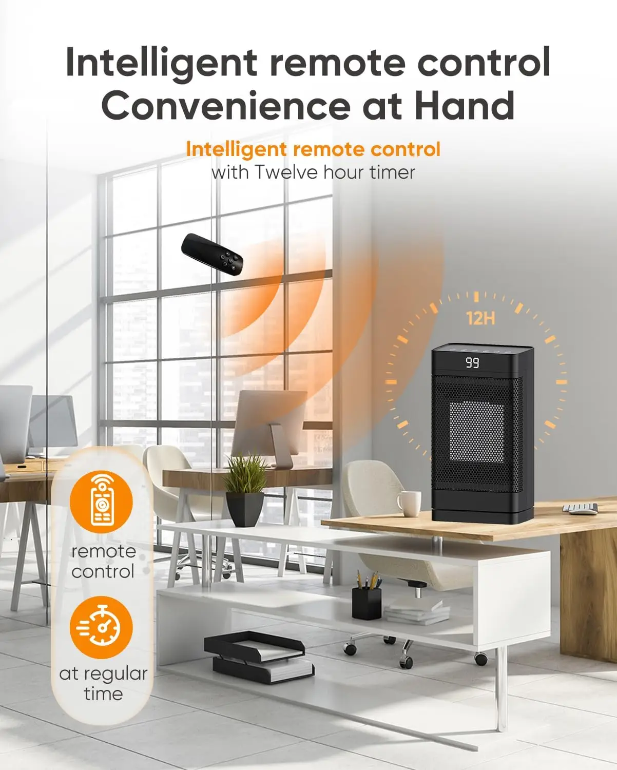 سخان مساحة سيراميك محمول PTC، 1500 وات، 99 ° F، مؤقت لمدة 13 ساعة، أسود