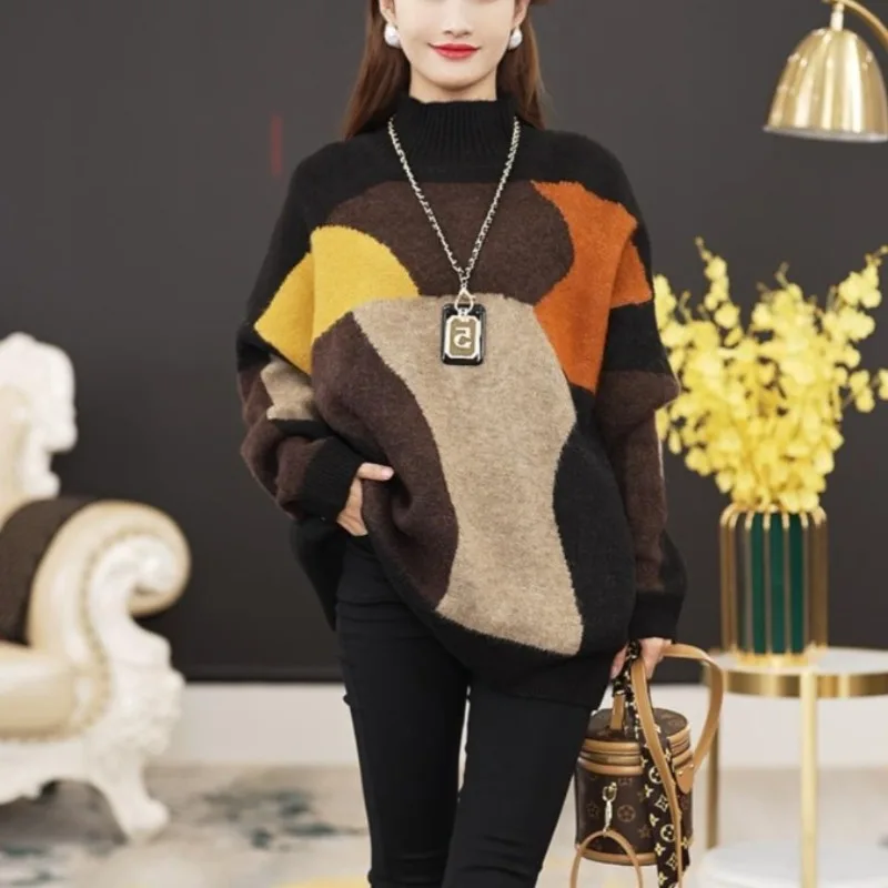 

Women's Autumn and Winter Half High Neck Long Sleeved Printed Sweater Fashion Casual Versatile Loose and Elegant Commuting Tops