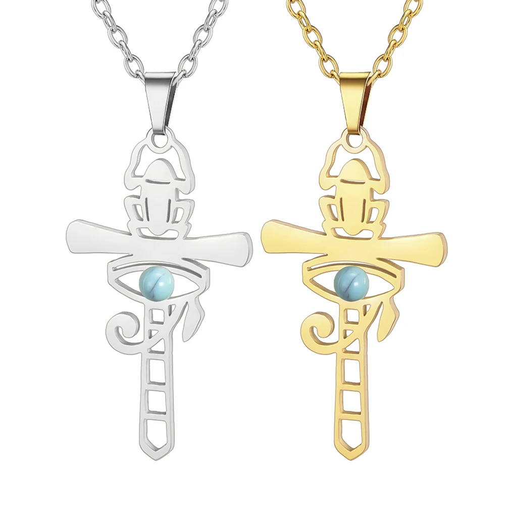 Eye of Horus Scarab Ankh Cross Necklace Turquoise Ancient Egyptian Symbol Protection Amulet Pendant Stainless Steel Jewelry