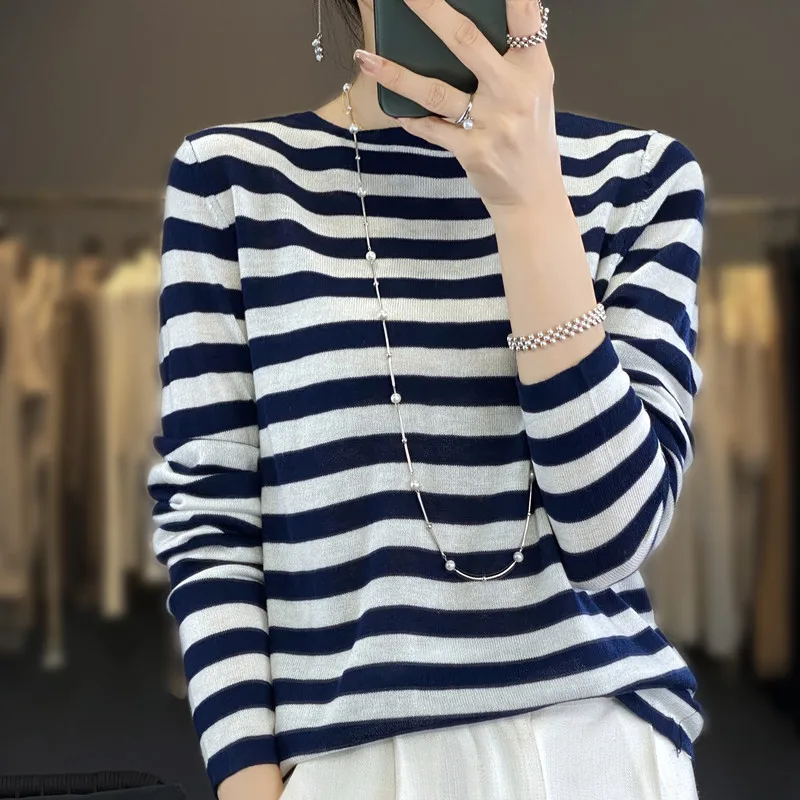 Women New Fine Wool Sweater Round Collar Navy Style Stripes Pullover Autumn Winter Bottoming Shirt Casual Slim Knitting Top