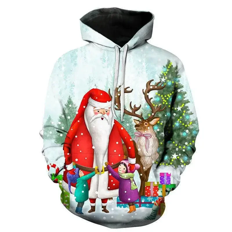 Hoodie de Papai Noel para homens e mulheres, suéter estampado 3D, suéter com capuz, tamanho grande, moda, Natal, outono, inverno, 2023