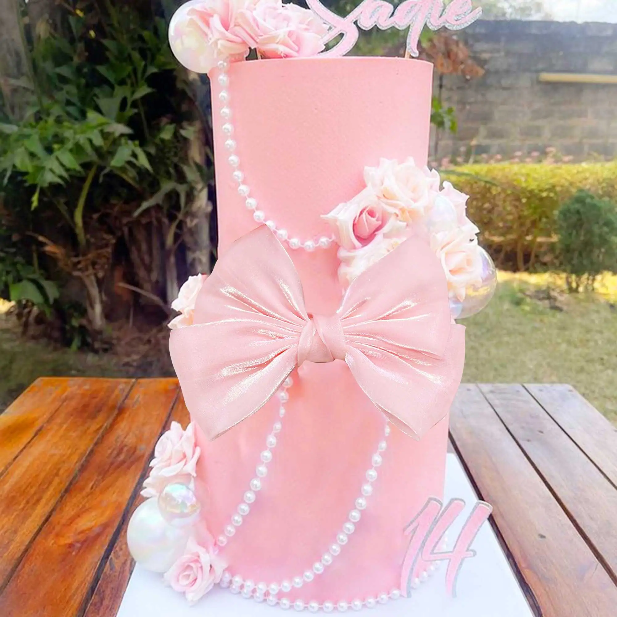 LaVenty Pink Ribbon Bow Cake Topper Pearl Cake Decor Coquette Birthday Cake Bachelorette Birthday Party Bow Party Decorations