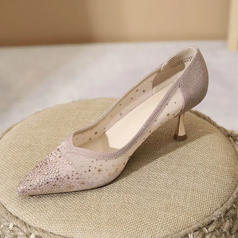 Slip-On High Heel Sandals - Crystal Breathable Pointed Toe Stiletto Heels,French Elegant Stunning Women‘s Sandals view 6