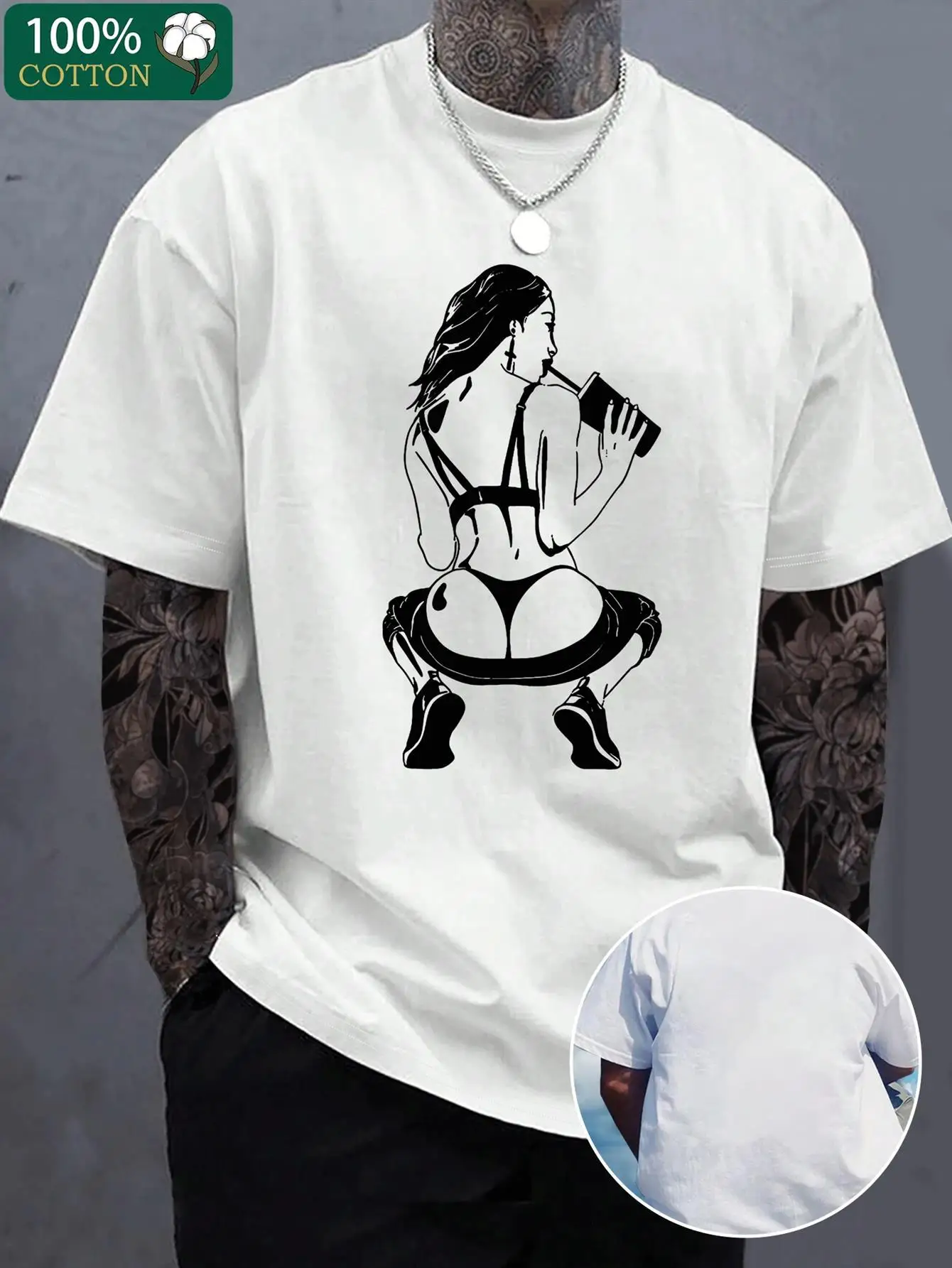 

Attractive Beauty Drinking Graphic Print T-Shirt, 100% Cotton,