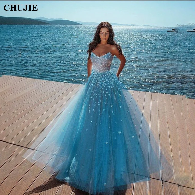 Luxury Sparkly Prom Dresses Evening Gowns Women Gorgeous Glitter A Line Lace Up Back Strapless Wedding Party Dress Dubai Robe