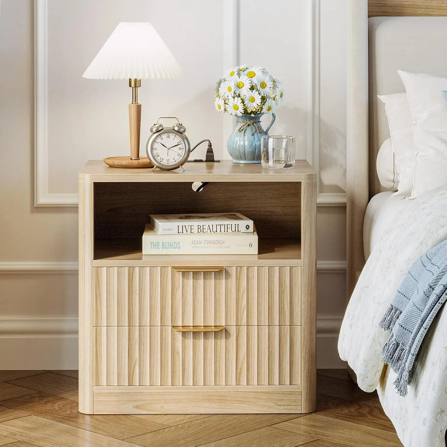 Fluted Night Stand Set of 2, Modern Nightstand with Charging Station, Drawers and Open Shelves - Bedside Table Wood, Custom - view 5