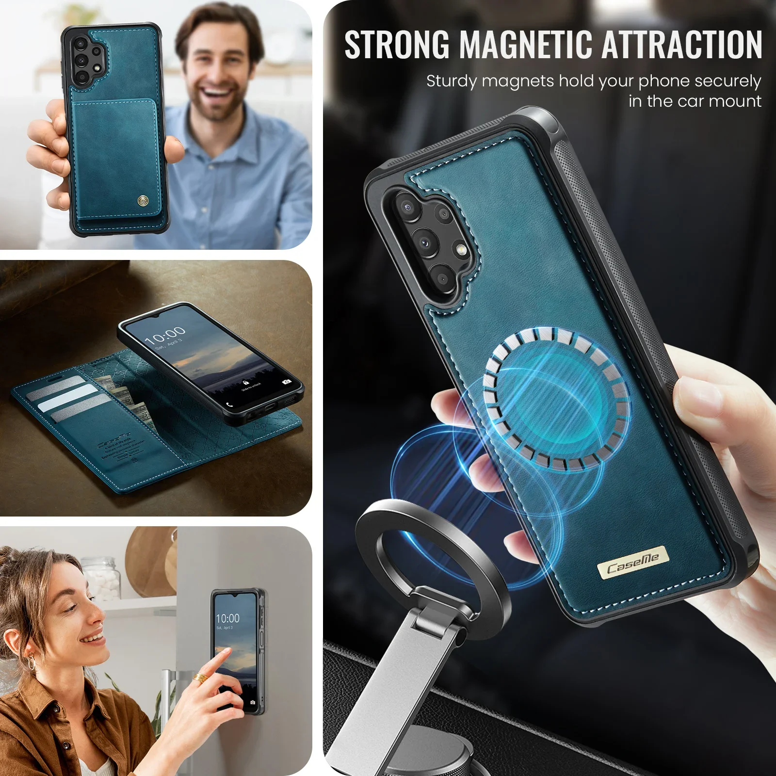Caseme-C49 Folio Detachable Magnetic Clasp Wallet Case, Samsung Galaxy A13 A14 A15 A16 A35 A36 A52 A53 A54 A55 A56 Leather Cover