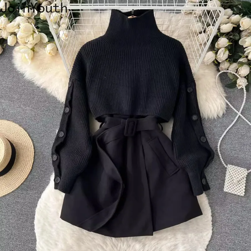 Korean Women Clothing Two Piece Sets Knitted Turtleneck Cropped Pullovers Slim Waist Mini Dress Outfits Chic Casual Suit 7n232