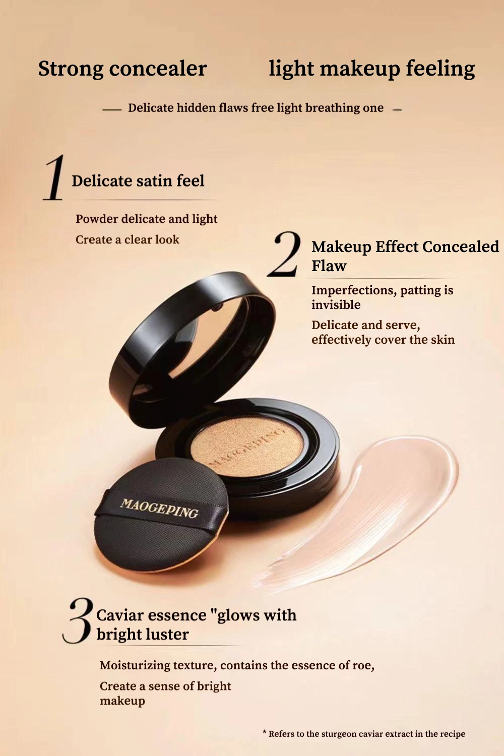 Maogeping Air Cushion Luxurious Caviar Flawless Liquid Foundation Concealer Moisturizing Skin Care Makeup Bb Cream 8g