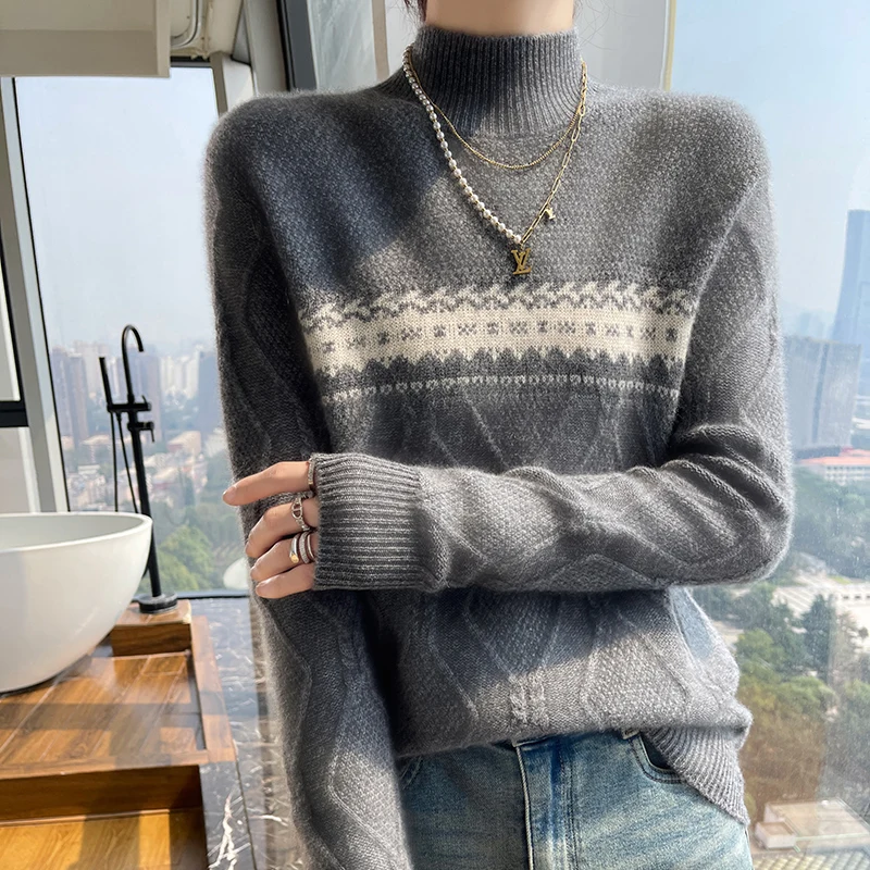 Fall/winter sweater women's half-high-necked long-sleeved 100% merino wool pullover casual color matching cashmere sweater