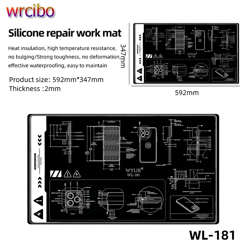 

WYLIE WL-181 27-дюймовый термостойкий силиконовый коврик для настольной пайки, водонепроницаемый и устойчивый к пятнам ремонтный коврик для электроники