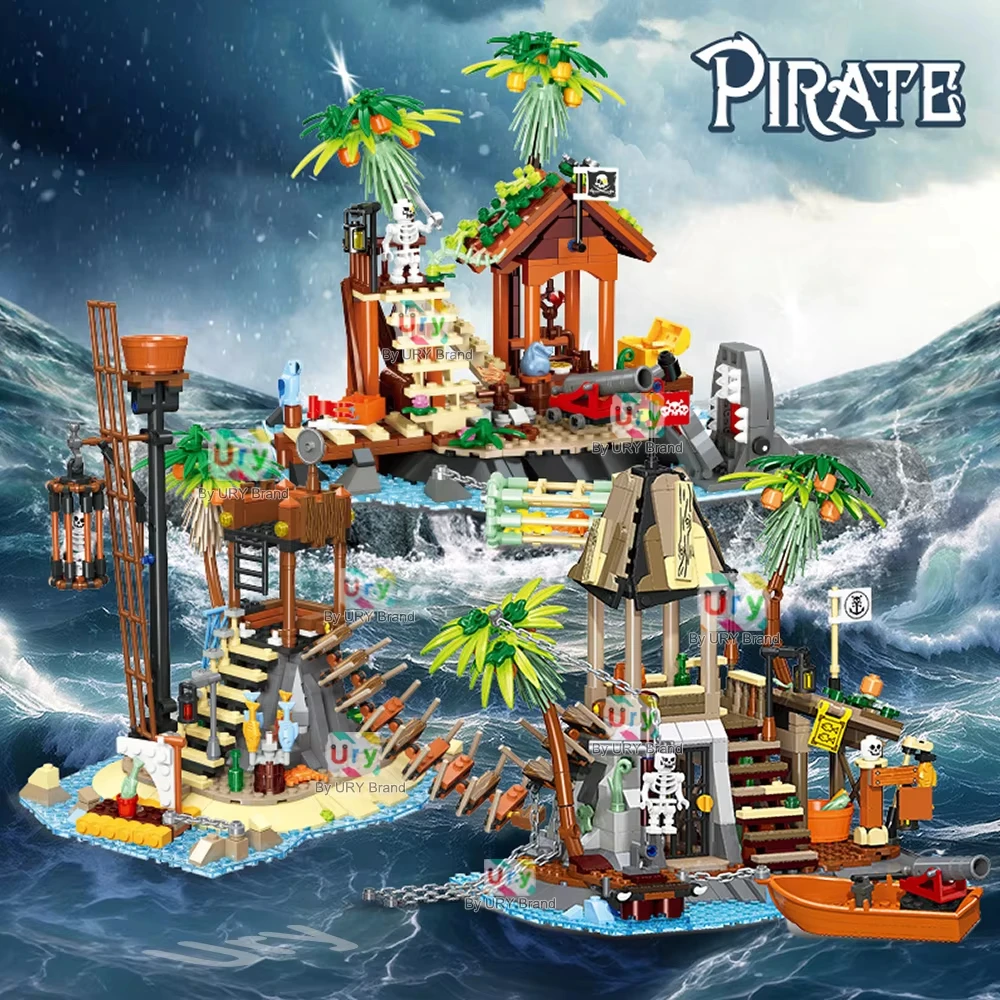 Bouwstenen op piratenbasis, woestijd eilandschatscènemodel met rijke accessoires, creatieve verjaardagscadeaus voor kinderen