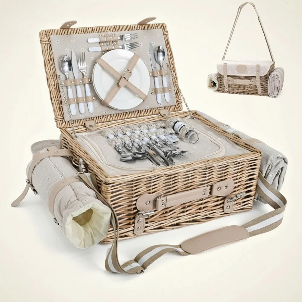 

Insulated Picnic Basket Set for 4 with Table, Blanket & Tableware - Outdoor Camping Gift for Couples Family