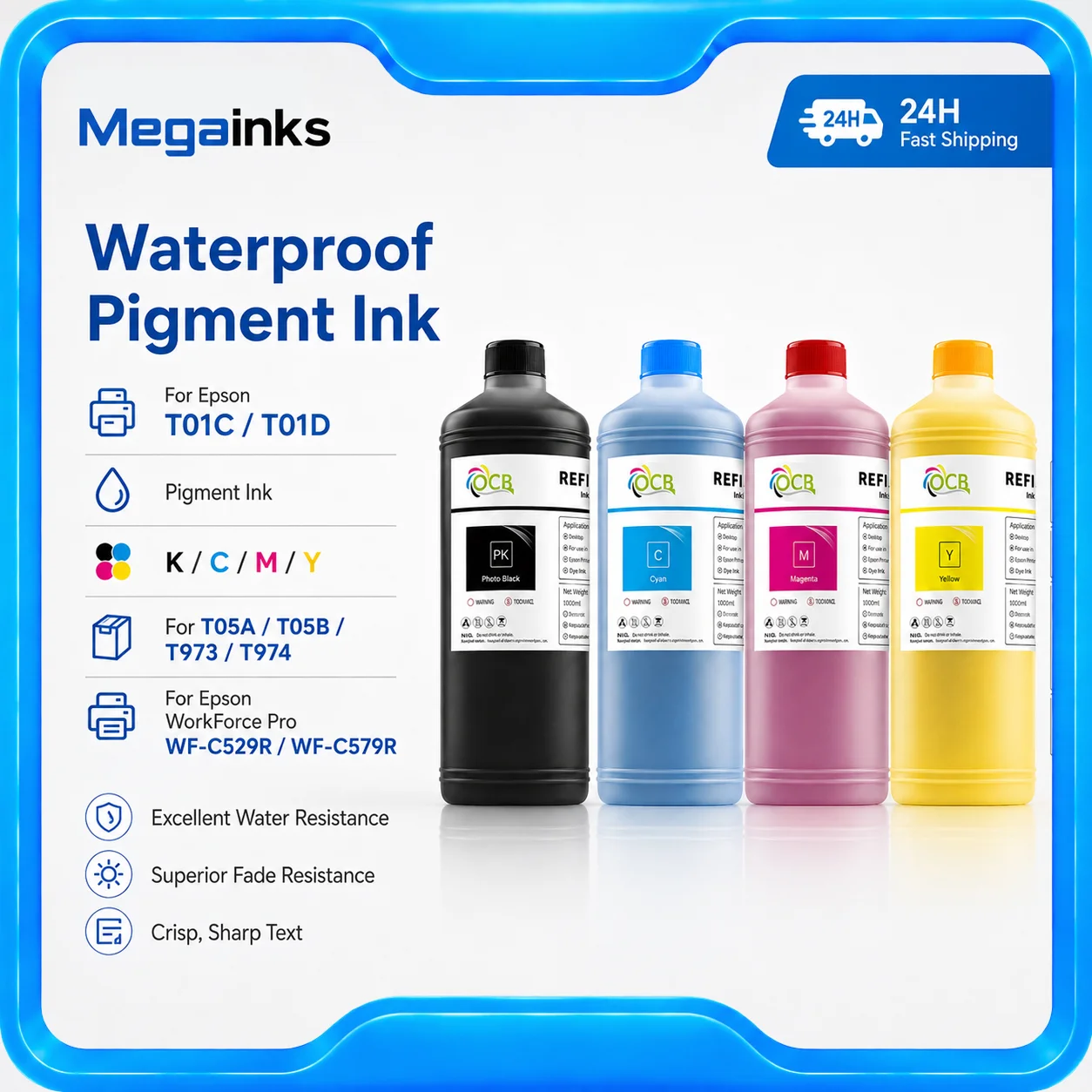 OCB 1000ML T05A T05B T973 T974 Pigment Ink T05A1 T05A2 T05A3 T05A4 T9731 For Epson WorkForce WF-C878R WF-C879R WF-C869Ra Printer