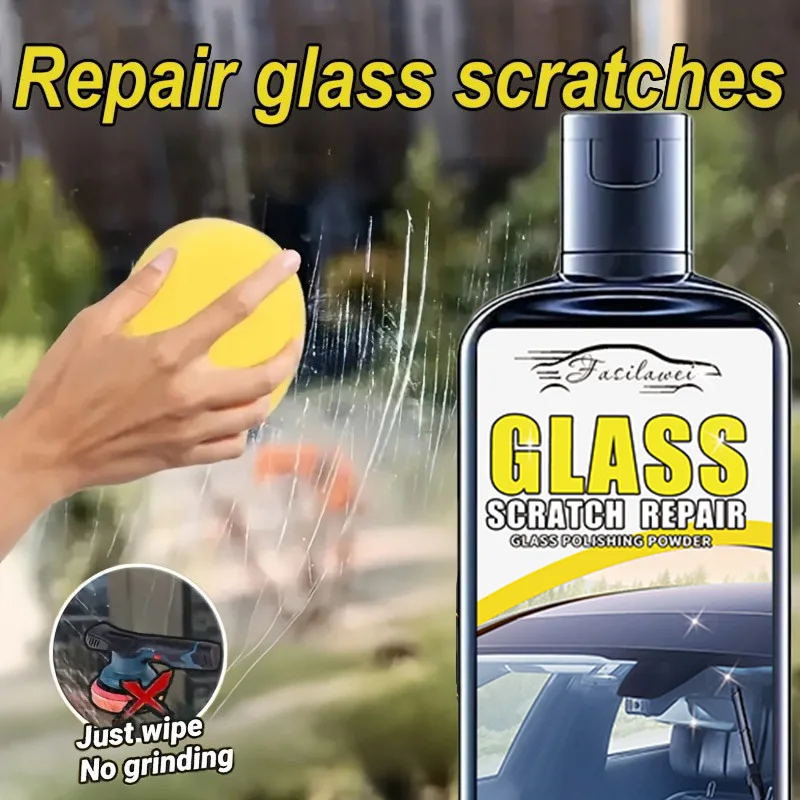 新しいガラス傷修復ペースト - 車の窓と浴室のシャワーのガラス研磨、窓ガラスの傷修復、スポンジ付き。