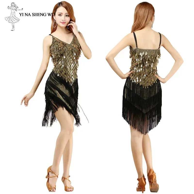 Robe de danse latine à paillettes brillantes pour femmes, Costume de scène de danseuse à pampilles brillantes, salle de Banquet, Salsa Samba Rumba Jazz Tango, ensemble