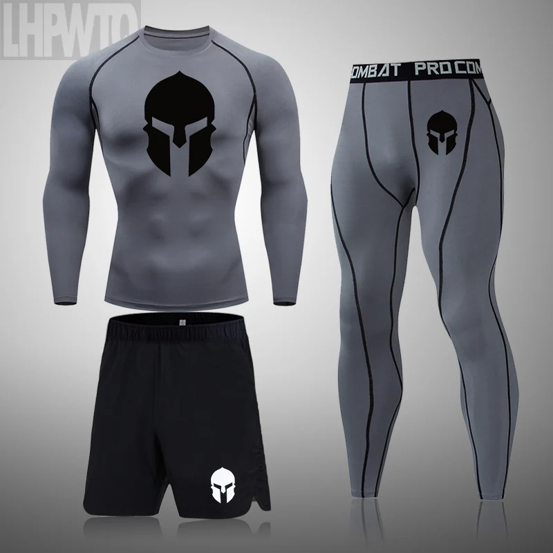 Spartan Men Compression Running Set MMA Long Sleeve T-Shirt+Pants Men's Tight Fitness Clothes Gym Jogging Rashguard Sport Suit