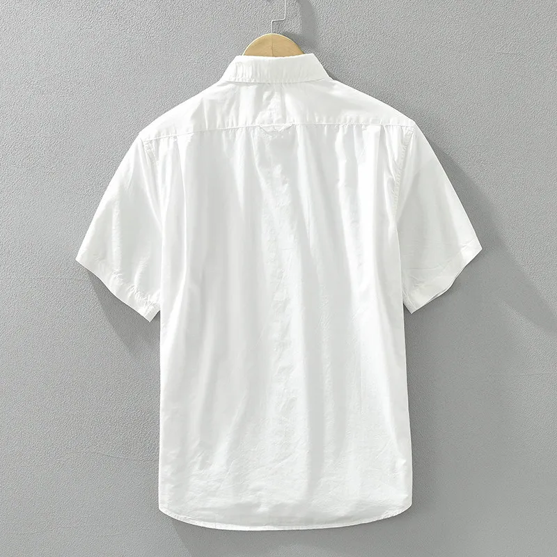 Camisa de manga curta de cor sólida masculina, top de gola solta, algodão puro, casual, artística, minimalista japonesa