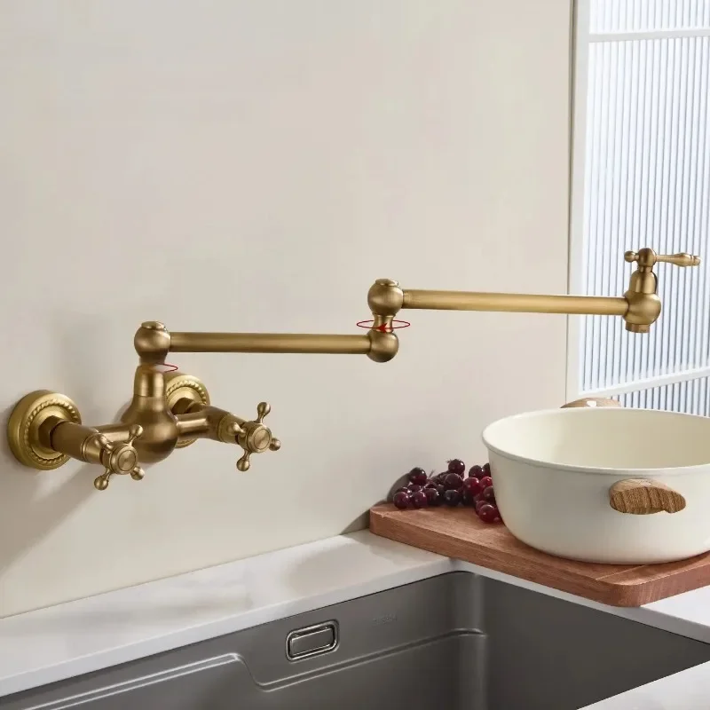 French Antique Wall Mounted Kitchen Faucet, Foldable Solid Brass Hot Cold Mixer, 2-Handle Bridge Faucet for Farmhouse Kitchen