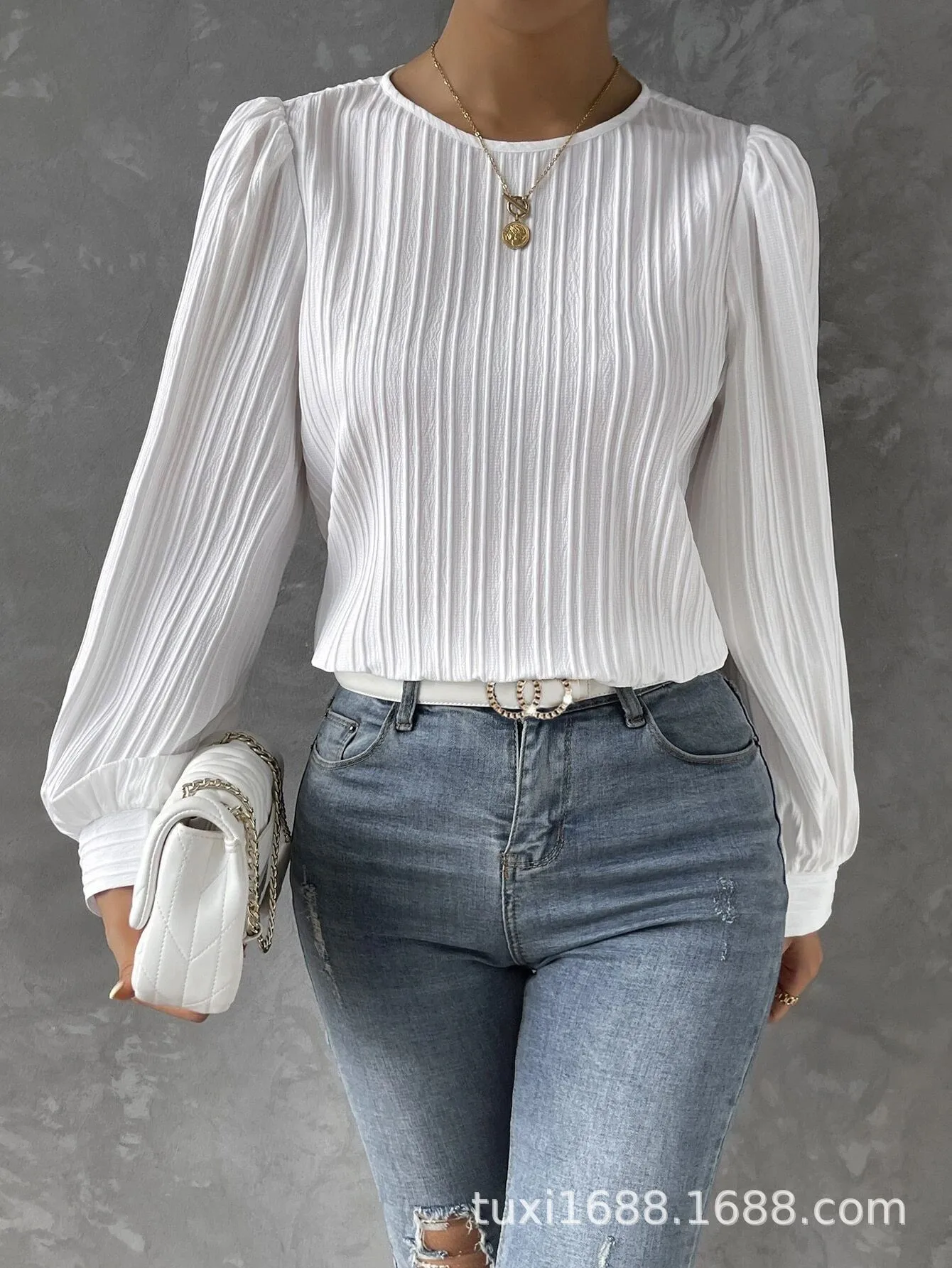Women Blouse Long Sleeve Solid Color White Blouses Pleated Balloon Sleeve Light Blue Chiffon Blouse Crop Slim Fit Burgundy Top - view 2
