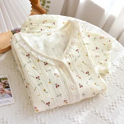 Washed Cotton Crepe Sleepwear Women's Pajamas Set Lingerie For Ladies Room Wear Summer Autumn Thin Cute Clothes Nightie